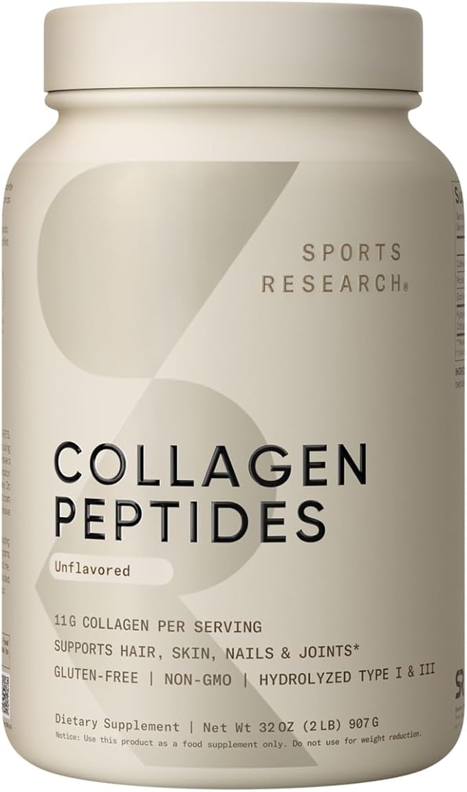 Sports Research Collagen Peptides - Hydrolyzed Type 1 & 3 Collagen Powder Protein Supplement for Healthy Skin, Nails, & Joints - Easy Mixing Vital Nutrients & Proteins, Collagen for Women & Men