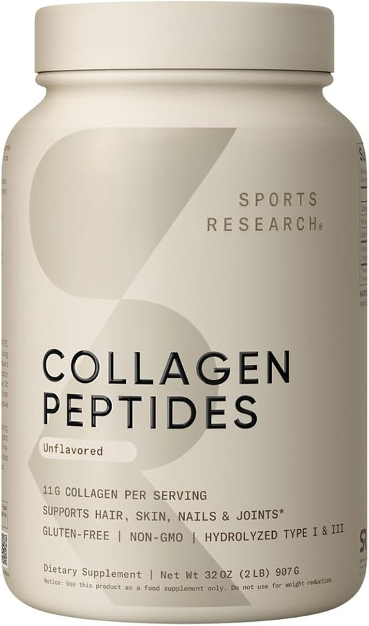 Sports Research Collagen Peptides - Hydrolyzed Type 1 & 3 Collagen Powder Protein Supplement for Healthy Skin, Nails, & Joints - Easy Mixing Vital Nutrients & Proteins, Collagen for Women & Men