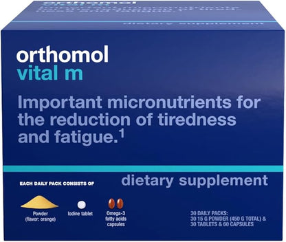 Orthomol Vital M Powder & Tablet Packet for Men, 30-Day Vitamin Supplement – Daily Energy, Fatigue Reduction & Vitality Support with Vitamins A, B, C, D, E, K, Omega-3 & Iodine