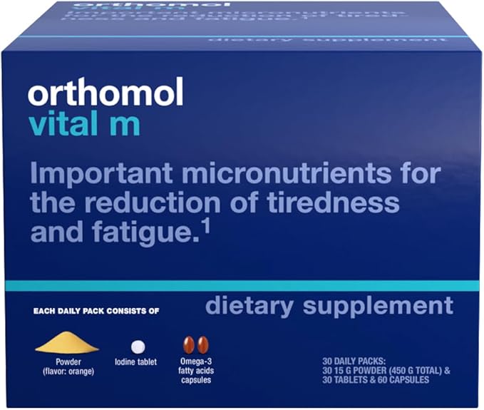 Orthomol Vital M Powder & Tablet Packet for Men, 30-Day Vitamin Supplement – Daily Energy, Fatigue Reduction & Vitality Support with Vitamins A, B, C, D, E, K, Omega-3 & Iodine