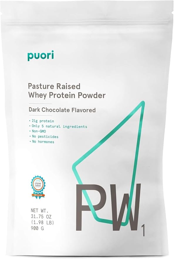 Puori Whey Protein Powder - Dark Chocolate - PW1 Pasture Raised, Grass-Fed & Non-GMO - 100% Natural and Pure for Muscle Growth - 21g Protein 1.98lbs - Gluten-Free