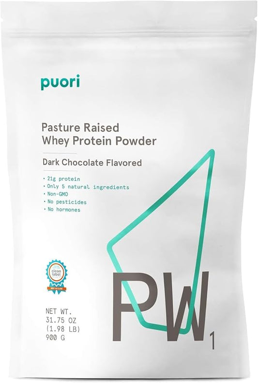 Puori Whey Protein Powder - Dark Chocolate - PW1 Pasture Raised, Grass-Fed & Non-GMO - 100% Natural and Pure for Muscle Growth - 21g Protein 1.98lbs - Gluten-Free