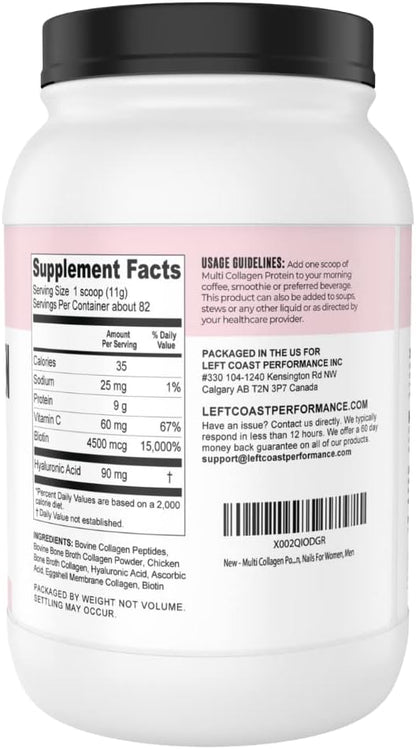 Multi Collagen Powder with Biotin, Hyaluronic Acid, Vitamin C (2lb Value Size) | Hydrolyzed Collagen Supplement (Types I, II, III, V, X). Hair, Skin, Nails for Women, Men