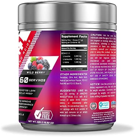 BCAA 2:1:1 Branched Chain Amino Acids Supplement | 6000 Mg Per Serving | 60 Servings | Wild Berry Flavor