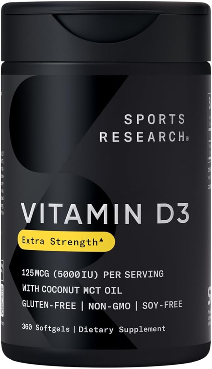 Sports Research Vitamin D3 5000 IU with Coconut MCT Oil - High Potency Vitamin D Supplement for Immune & Bone Support - Non-GMO Verified, Gluten & Soy Free – 125mcg, 360 Liquid Softgels