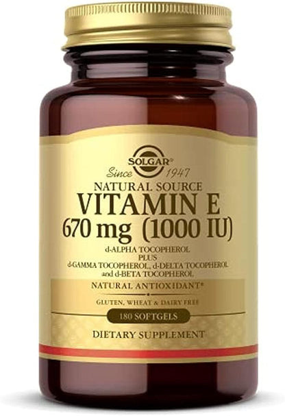 Solgar Vitamin E 670 mg (1000 IU), 100 Softgels - Natural Antioxidant, Skin & Immune System Support - Naturally-Sourced Vitamin E - Gluten Free, Dairy Free - 180 Servings