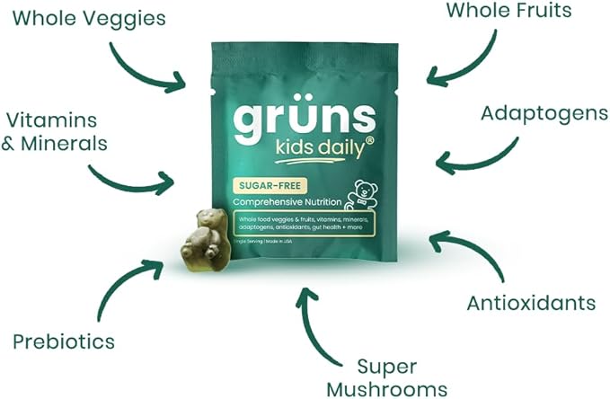 Gruns Kids Super Greens Gummies, Sugar-Free - Superfood Gummy Bears with Spirulina, Chlorella & Prebiotics for Digestive Health - Adaptogens Supplement with 20 Vitamins & Minerals - 1 Month Supply