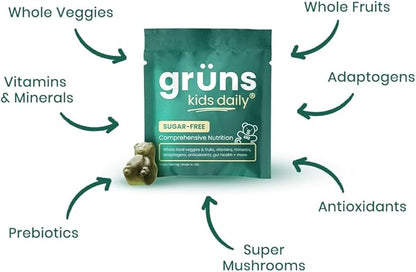 Gruns Kids Super Greens Gummies, Sugar-Free - Superfood Gummy Bears with Spirulina, Chlorella & Prebiotics for Digestive Health - Adaptogens Supplement with 20 Vitamins & Minerals - 1 Month Supply
