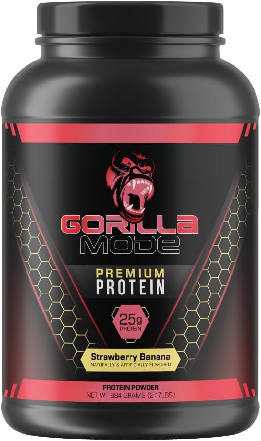 Gorilla Mode Premium Whey Protein - Strawberry Banana / 25 Grams of Whey Protein Isolate & Concentrate/Recover and Build Muscle (30 Servings)