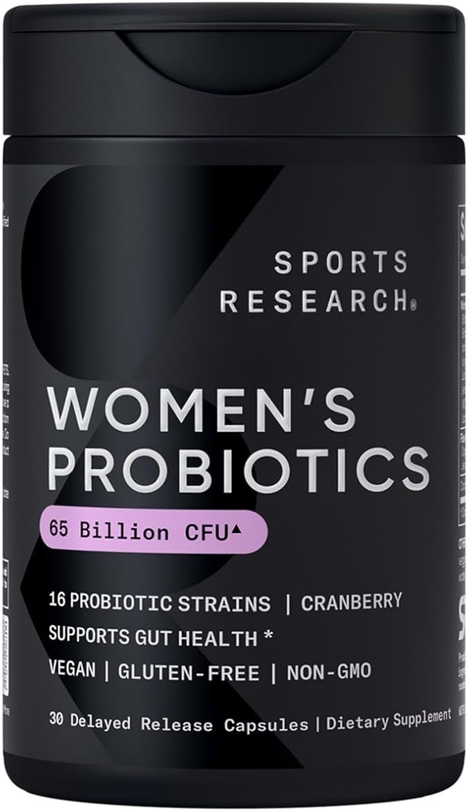 Sports Research Women's Probiotics with Prebiotics, 65 Billion CFU - Vegan Capsules for Gut Health & Digestive Support, Probiotics for Women with Cranberry - Non-GMO Verified & Gluten Free - 30 Count