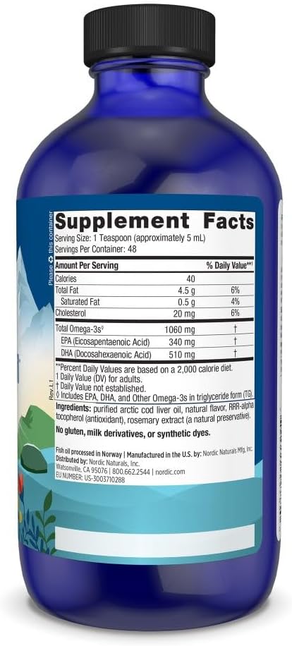 Nordic Naturals Arctic Cod Liver Oil, Orange - 8 oz - 1060 mg Total Omega-3s with EPA & DHA - Heart & Brain Health, Healthy Immunity, Overall Wellness - Non-GMO - 48 Servings