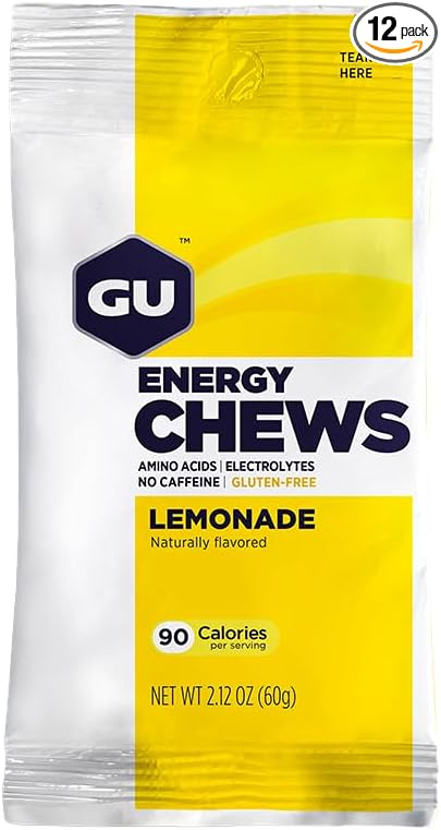 GU Energy Chews, Lemonade Energy Gummies with Electrolytes, Vegan, Gluten-Free, Kosher, and Dairy-Free On-The-Go Energy for Any Workout, 12 Bags (24 Servings Total)