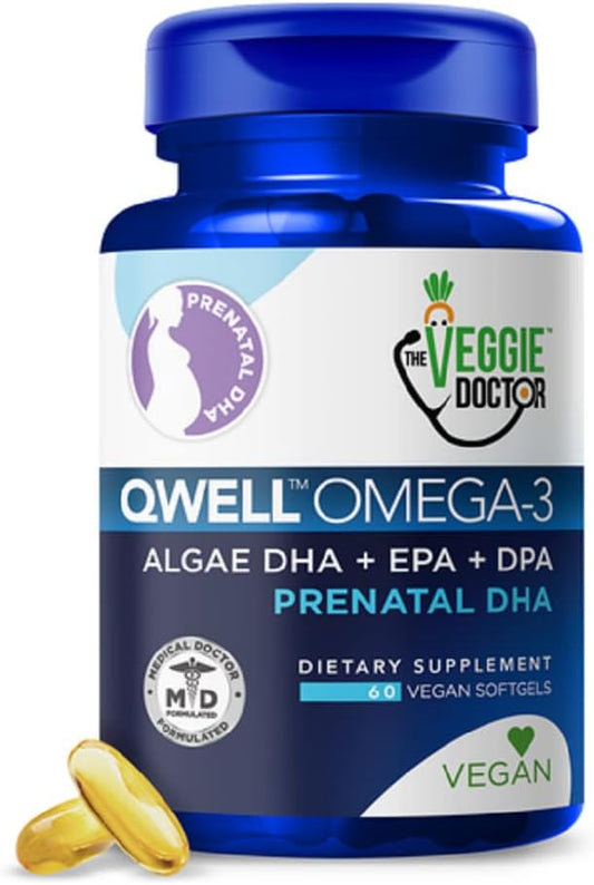 Vegan Prenatal Vitamins with DHA (60 Count) Omega-3 – Qwell Better Than Fish Oil, Brain Function – 820 Mg Algae DHA & EPA, Vegan Prenatal Vitamins with Vitamin E, Carrageenan-Free