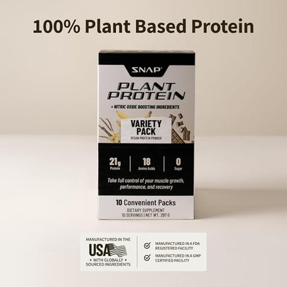 Snap Supplements 100% Plant Based Protein Powder Stick Packs with Nitric Oxide Booster (10 Pack, Variety Pack)