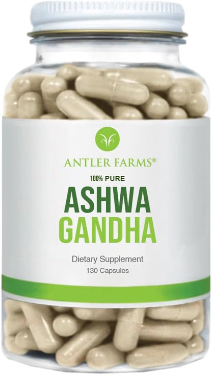Antler Farms – 100% Pure Ashwagandha Root and Ashwagandha Root Extract, 130 Capsules, 1200mg – Standardized to 5% withanolides, Enhances Mental Performance, Energy, and Immunity