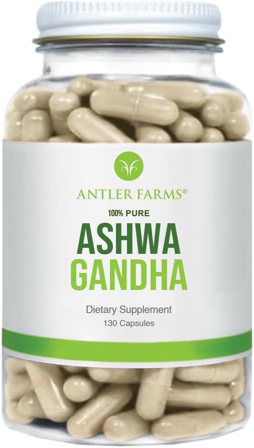 Antler Farms – 100% Pure Ashwagandha Root and Ashwagandha Root Extract, 130 Capsules, 1200mg – Standardized to 5% withanolides, Enhances Mental Performance, Energy, and Immunity
