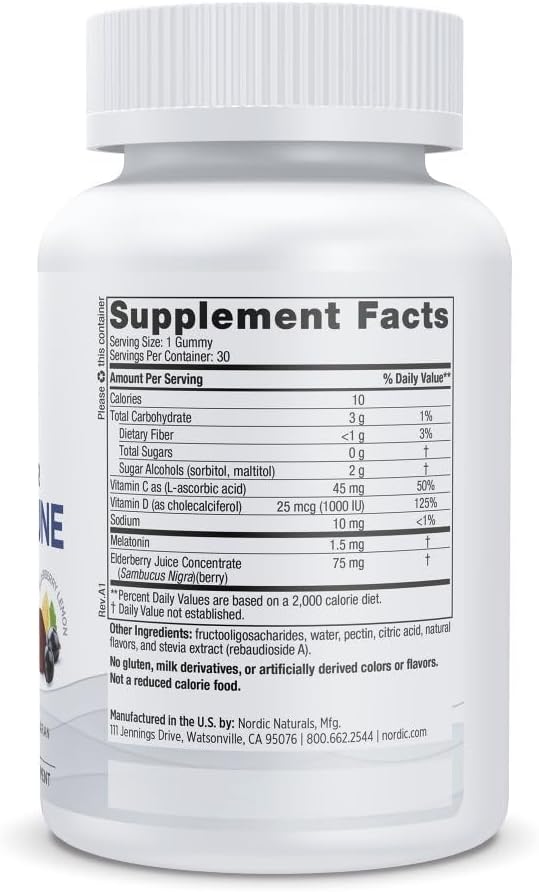Nordic Naturals Zero Sugar Sleep + Immune Gummies - Elderberry Lemon Flavor - 30 Gummies - 1.5 mg Melatonin Gummies for Sleep with Vitamin D3 - Elderberry & Vitamin C Immune Support - 30 Servings