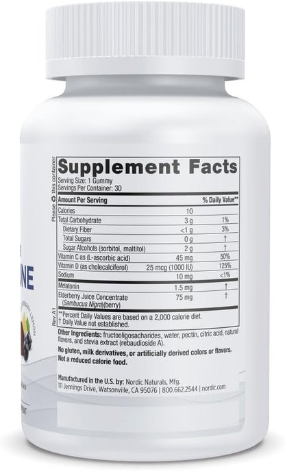 Nordic Naturals Zero Sugar Sleep + Immune Gummies - Elderberry Lemon Flavor - 30 Gummies - 1.5 mg Melatonin Gummies for Sleep with Vitamin D3 - Elderberry & Vitamin C Immune Support - 30 Servings