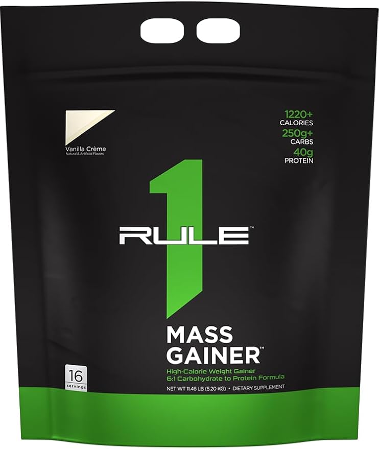 Rule One Proteins, Mass Gainer - Vanilla Crème, High-Calorie Weight Gain Formula with 1,220+ Calories, 250g+ Complex Carb Blend, 40g All-Whey Protein, 8g of Fat Per Serving, 12 Pounds, 16 Servings