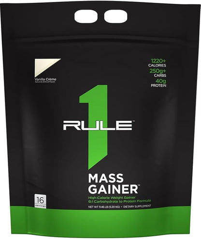 Rule One Proteins, Mass Gainer - Vanilla Crème, High-Calorie Weight Gain Formula with 1,220+ Calories, 250g+ Complex Carb Blend, 40g All-Whey Protein, 8g of Fat Per Serving, 12 Pounds, 16 Servings