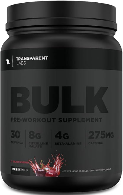 Transparent Labs Bulk Black Pre Workout - Clinically Dosed, Sugar Free Preworkout for Men and Women with Beta Alanine Powder, Citrulline Malate, & Caffeine Powder- 30 Servings, Black Cherry