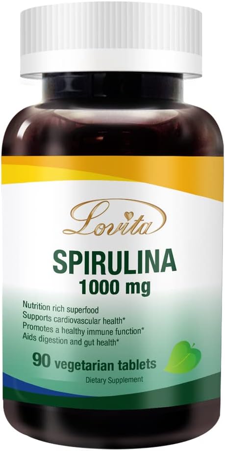 Lovita Organic Spirulina 1000mg per Tablet, Natural Multivitamin Superfood, 100% Vegan, Non-Irradiated, 90 Vegetarian Tablets