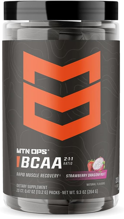 MTN OPS BCAA 2:1:1 Amino Acids Supplement Powder for Rapid Muscle Recovery & Repair with Zero Sugar & Gluten Free, 30 Servings (Strawberry Dragonfruit Trail Packs)
