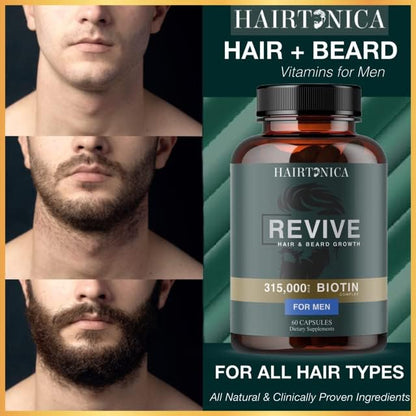 Hair Vitamins for Men Beard Growth MSM Powder Saw Palmetto Hairtonica | Extra Strength 315,000 mcg Biotin Keratin Collagen | May Help Support Hair Loss Greying & Thinning | 60 ct