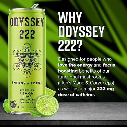 Odyssey 222 Energy Drink, Pre Workout, 222mg Caffeine, Clean Energy Drinks, L Theanine, Lions Mane, Cordyceps & Green Tea for Energy, Focus & Mood Boost, Low Calorie, Variety Pack, 12 Fl oz, 12 Pack