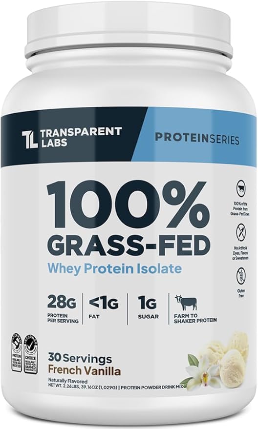 Transparent Labs Grass-Fed Whey Protein Isolate - Natural Flavor, Gluten Free Whey Protein Powder w/ 28g of Protein per Serving & 9 Essential Amino Acids - 30 Servings, French Vanilla