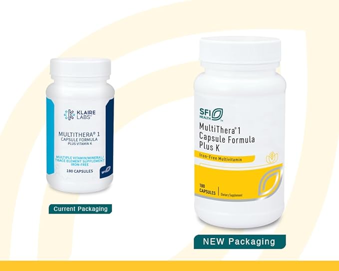 Klaire Labs MultiThera 1 Plus K Iron-Free Multivitamin & Multimineral Capsule Formula with Vitamin K1 & K2 - High Potency with Active Folate, No Iron (180 Capsules)