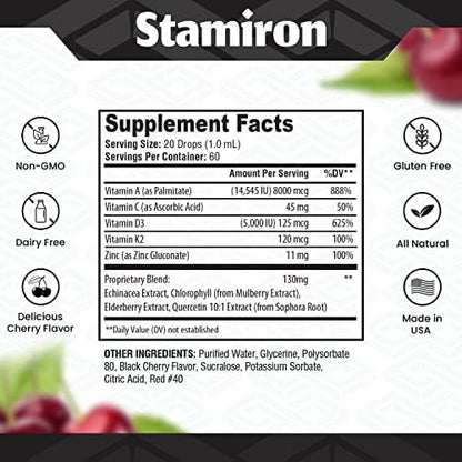 Zinc Quercetin Vitamin C D3 Liquid Immune Support with Vitamin A K2 Echinacea Chlorophyll and Elderberry - 9in1 Immune Defense Drops Complex for Immunity Health Respiratory Health - 60 Servings