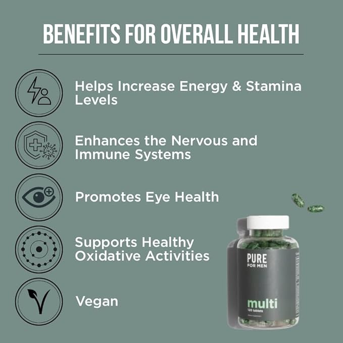 Pure for Men Multivitamin Supplement | Energy, Mood Support, Strong Bones, Antioxidants, Minerals | Vitamins A, B, C, D, Magnesium, Calcium | 42 Fruit & Vegetable Proprietary Blend | 120 Vegan Tablets