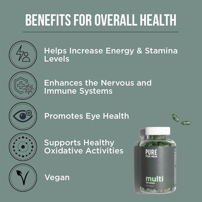 Pure for Men Multivitamin Supplement | Energy, Mood Support, Strong Bones, Antioxidants, Minerals | Vitamins A, B, C, D, Magnesium, Calcium | 42 Fruit & Vegetable Proprietary Blend | 120 Vegan Tablets