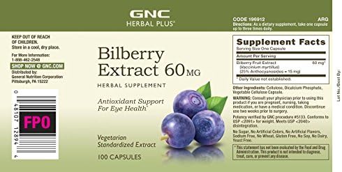 GNC Herbal Plus Bilberry Extract 60mg | Supports Eye and Vision Health | 100 Count