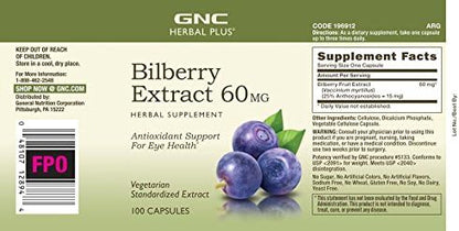 GNC Herbal Plus Bilberry Extract 60mg | Supports Eye and Vision Health | 100 Count