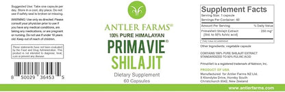 Antler Farms - 100% Pure PrimaVie Shilajit for Men Extract, 60 Capsules, 250mg – Standardized to 50% Fulvic Acid, Wild Harvested Resin from The Himalayas, Powerful Adaptogenic Supplement
