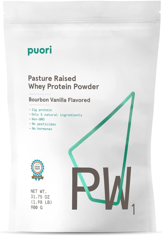 Puori Whey Protein Powder - Bourbon Vanilla - PW1 Pasture Raised, Grass-Fed & Non-GMO - 100% Natural and Pure for Muscle Growth - 21g Protein 1.98lbs - Gluten-Free