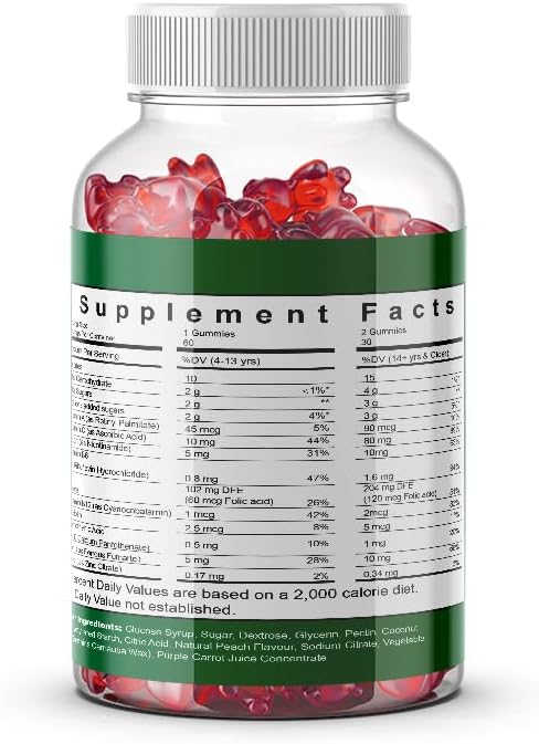Vegan Iron Gummies,Multivitamin with Iron, Folate,Zinc for Man and Women,Strawberry Flavor (60 Ct)