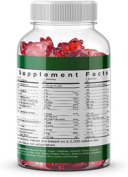 Vegan Iron Gummies,Multivitamin with Iron, Folate,Zinc for Man and Women,Strawberry Flavor (60 Ct)
