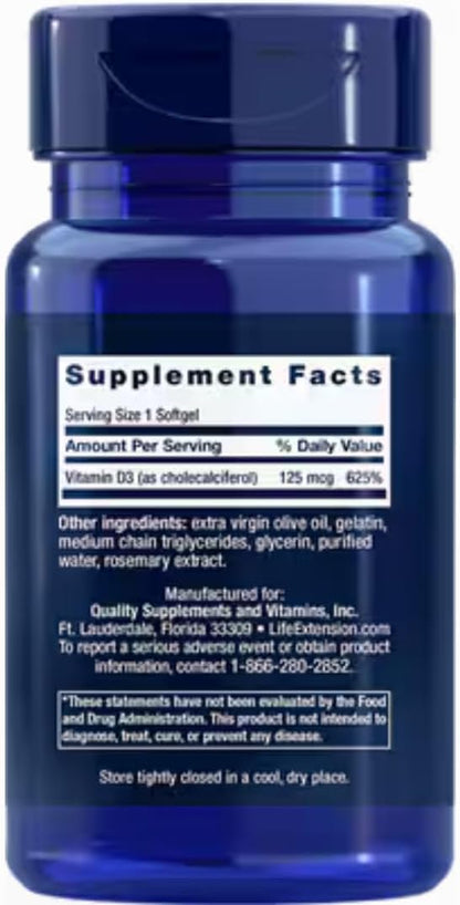 Life Extension Vegan Vitamin D3, Joint/Bone Health, Immune Support, Non-GMO, Gluten Free, 60 Count
