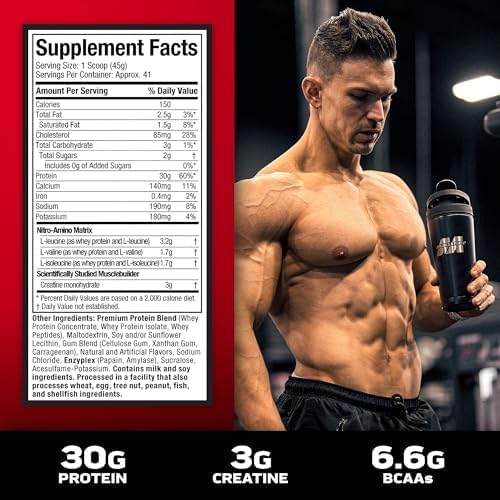 Muscletech Whey Protein Powder (Milk Chocolate, 4 Pound) - Nitro-Tech Muscle Building Formula with Whey Protein Isolate & Peptides - 30g of Protein, 3g of Creatine & 6.6g of BCAA