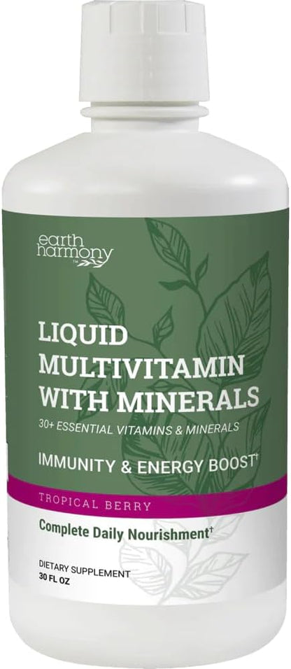 Earth Harmony Liquid Multivitamins for Women & Men (Tropical Berry Flavor) - 30+ Liquid Vitamins, Minerals & Organic Antioxidant Blend - Morning Multivitamin for Immune Support and Energy - 32 Fl Oz