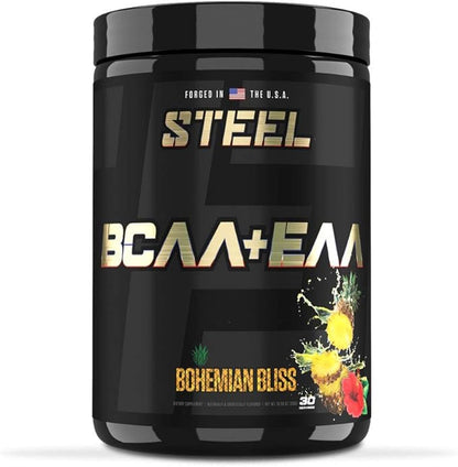 Steel Supplements | High Performance BCAA EAA Powder | Promotes Lean Muscle Growth and Workout Endurance | 2:1:1 Ratio to Recover Muscle Faster 30 Servings. (Bohemian Bliss)