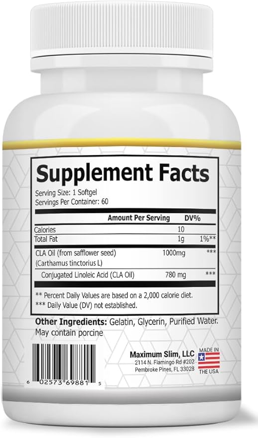 Maximum Slim MAX CLA 3000, High Potency, Natural Weight Loss Exercise Enhancement, Increase Lean Muscle Mass, Non-Stimulating, Non-GMO 95% Pure CLA, 90 Count
