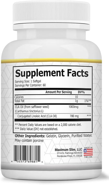 Maximum Slim MAX CLA 3000, High Potency, Natural Weight Loss Exercise Enhancement, Increase Lean Muscle Mass, Non-Stimulating, Non-GMO 95% Pure CLA, 90 Count
