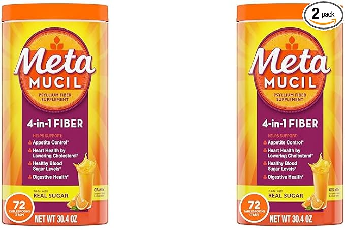 Metamucil Fiber, 4-in-1 Psyllium Fiber Supplement Powder with Real Sugar, Orange Smooth Flavored Drink, 72 Servings (Packaging May Vary), Coarse Texture, 1.9 Pound (Pack of 2)