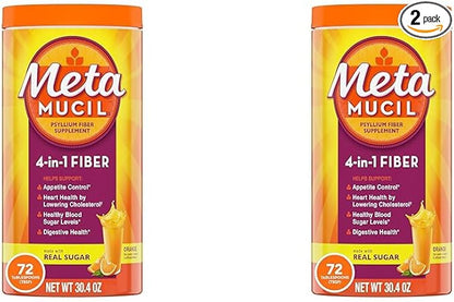 Metamucil Fiber, 4-in-1 Psyllium Fiber Supplement Powder with Real Sugar, Orange Smooth Flavored Drink, 72 Servings (Packaging May Vary), Coarse Texture, 1.9 Pound (Pack of 2)