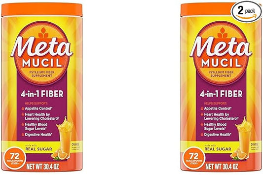 Metamucil Fiber, 4-in-1 Psyllium Fiber Supplement Powder with Real Sugar, Orange Smooth Flavored Drink, 72 Servings (Packaging May Vary), Coarse Texture, 1.9 Pound (Pack of 2)