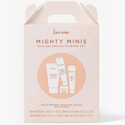 Karuna Mighty Minis, Skin Balancing Starter Set | Includes: Balancing Cleanser 1.69oz/50ml, Wake Up Eye Cream 0.17oz/5ml, Multi-Vitamin Serum 0.33oz/10ml & Lights Out Cream 0.5oz/15ml